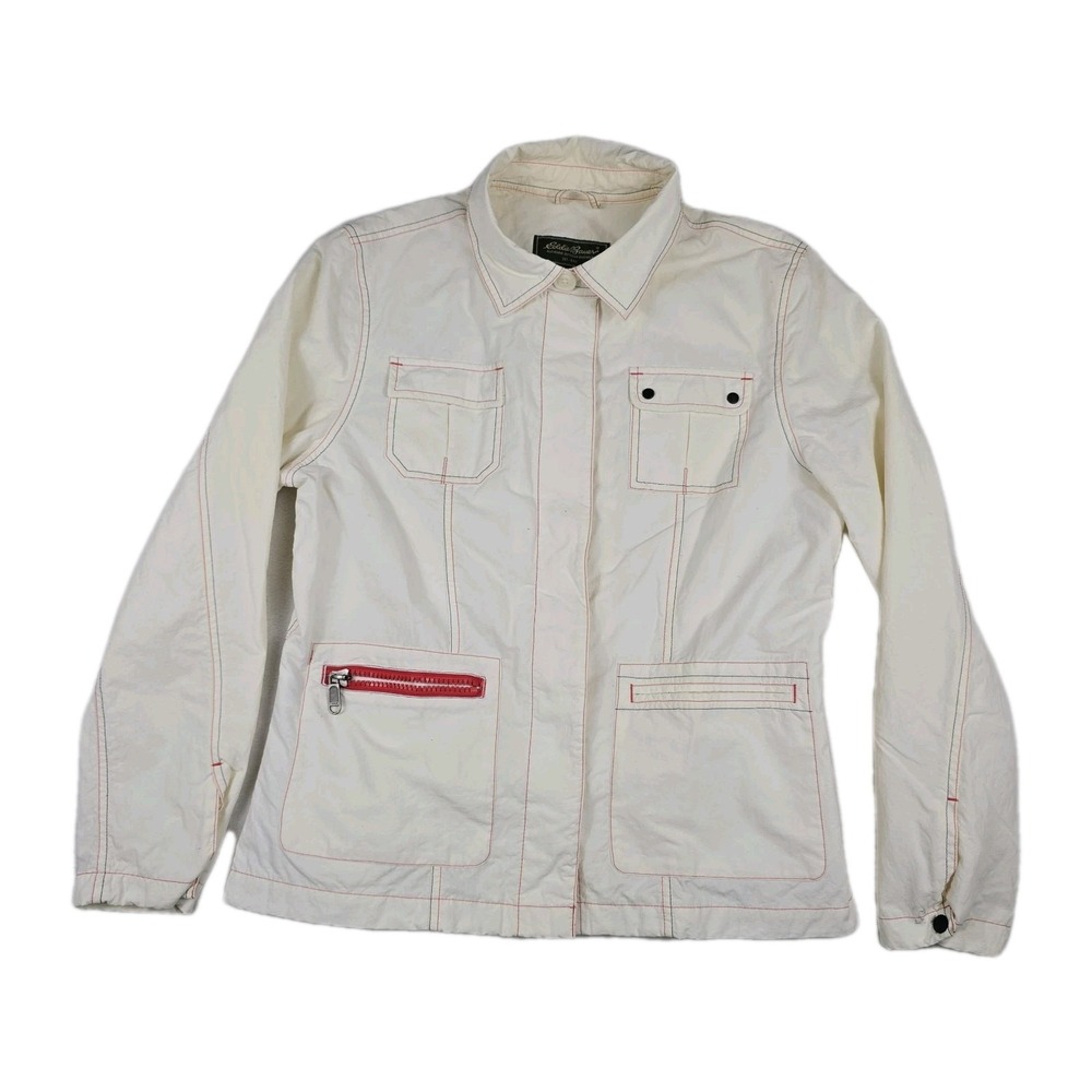 Vintage Eddie Bauer Womens Utility Jacket White Nylon Red Stitch Gorpcore Large